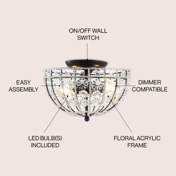Billie 12" Crystal Flower Metal/Acrylic LED Semi Flush Mount - JONATHAN Y